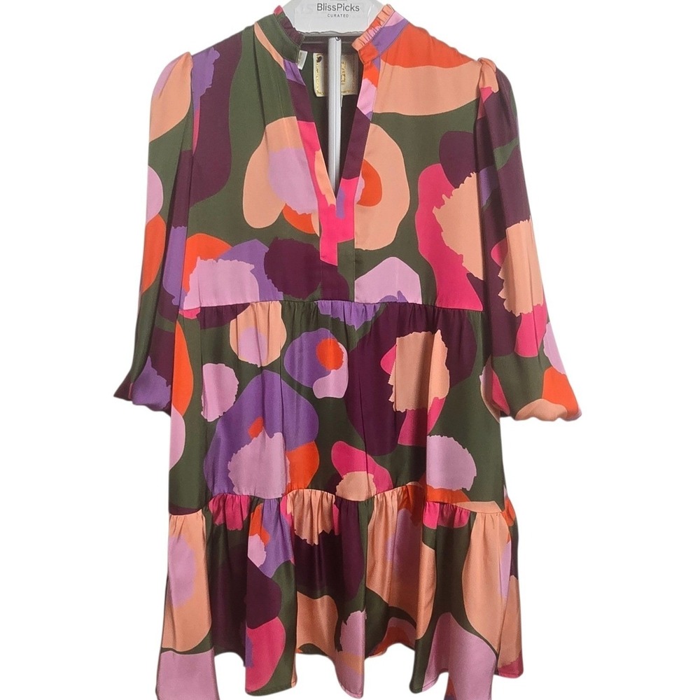 Emily McCarthy Frankie Dress S Electric Cheetah‎ Whimsy Bold Print Tiered Mini - Picture 2 of 8